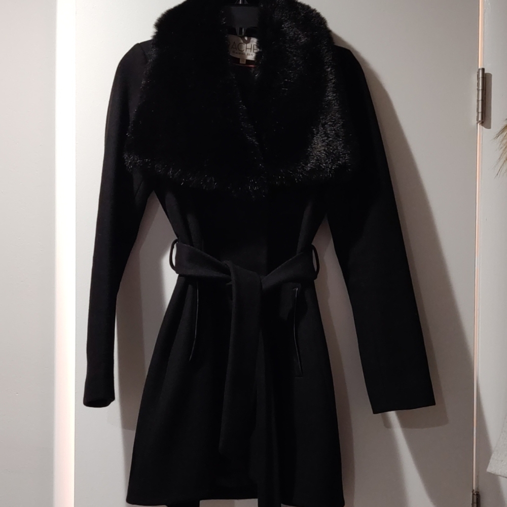 Rachel Roy black fur winter coat w/ tie